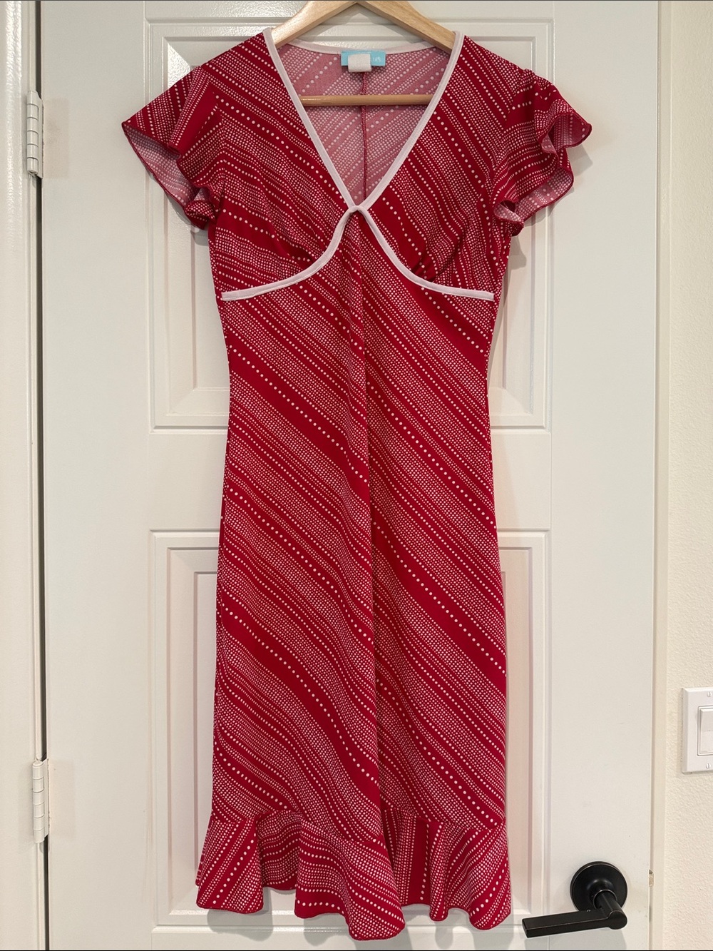 dELiA*s Red Diagonal Polka-Stripe Wrap Midi Dress with White Trim